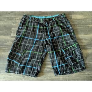 Men's Rue 21 Carbon Black Aqua Blue Green Plaid Board Shorts Swim Trunks Size 34